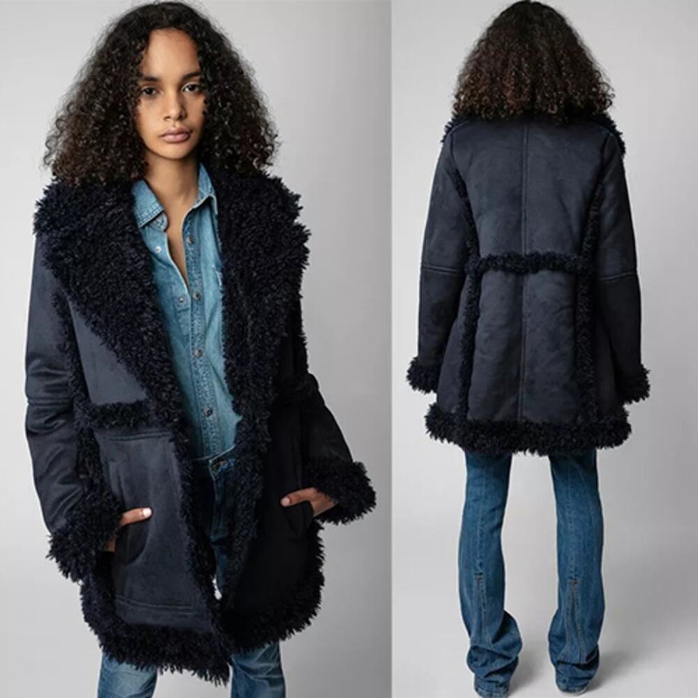 NEW Zadig & Voltaire Festif Faux Shearling Button Maxi Coat Navy Blue Size: S